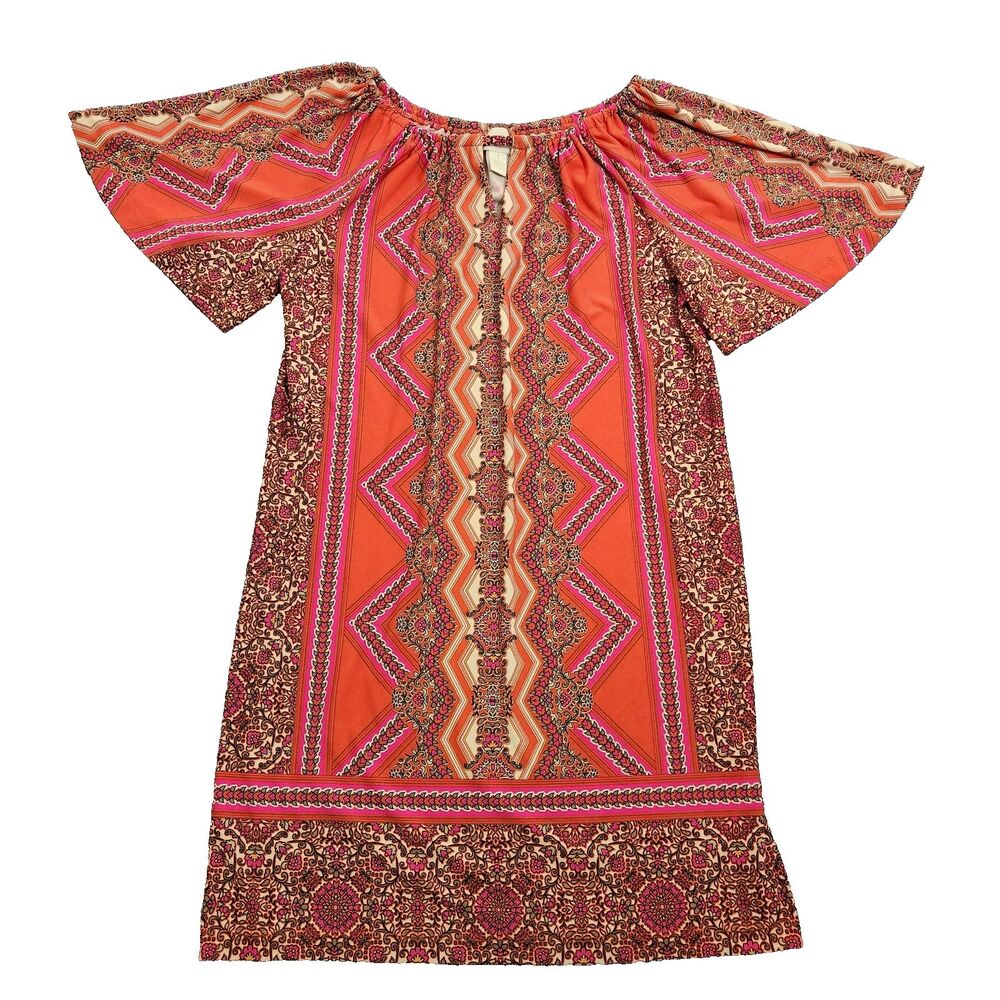 Chico's Women 1 US M Pink Orange Floral Flutter Sleeve Midi Shift Dress